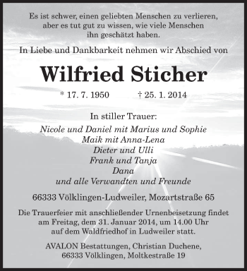 Traueranzeige von Wilfried Sticher von saarbruecker_zeitung