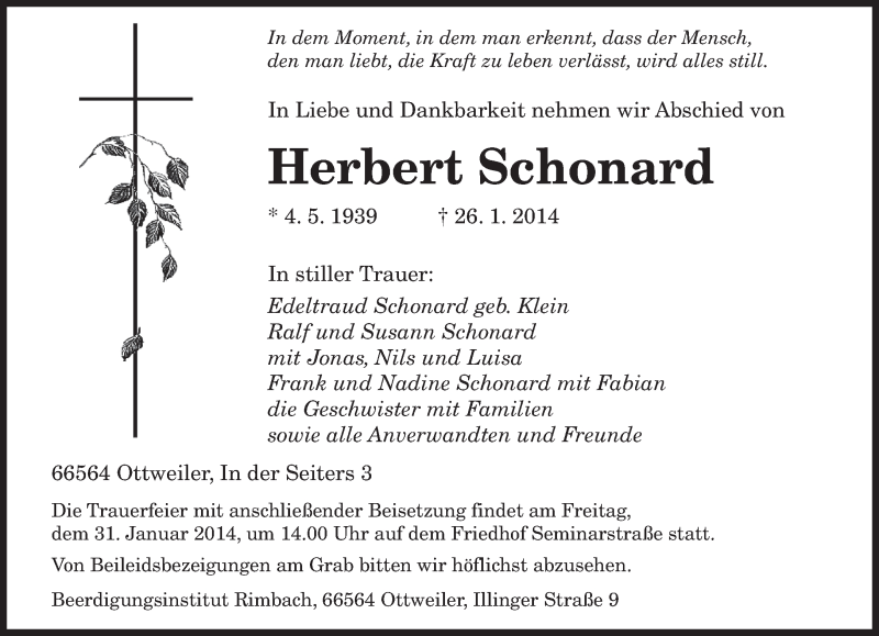  Traueranzeige für Herbert Schonard vom 29.01.2014 aus saarbruecker_zeitung