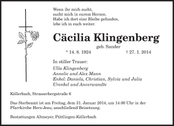 Traueranzeige von Cäcilia Klingenberg von saarbruecker_zeitung