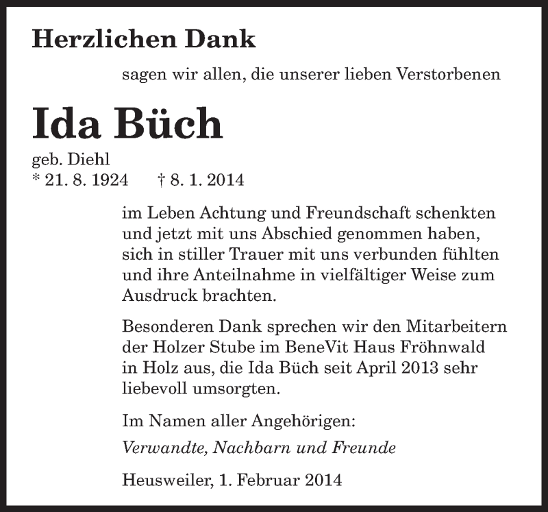  Traueranzeige für Ida Büch vom 01.02.2014 aus saarbruecker_zeitung