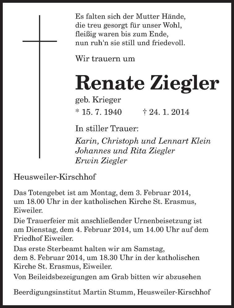  Traueranzeige für Renate Ziegler vom 01.02.2014 aus saarbruecker_zeitung