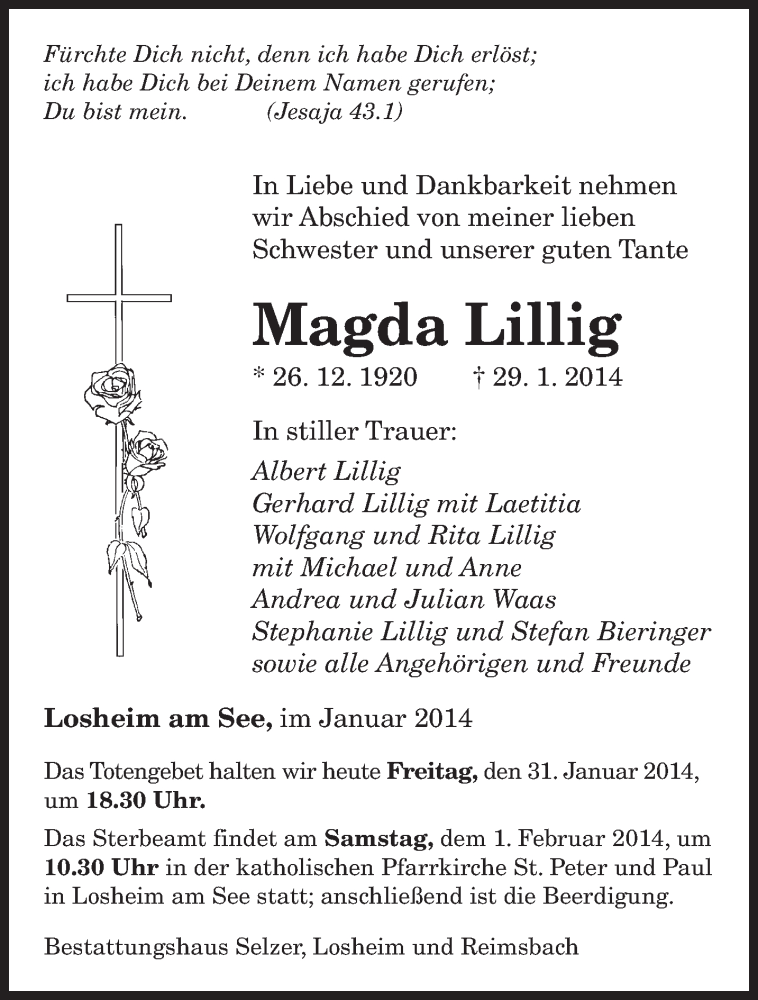  Traueranzeige für Magda Lillig vom 31.01.2014 aus saarbruecker_zeitung