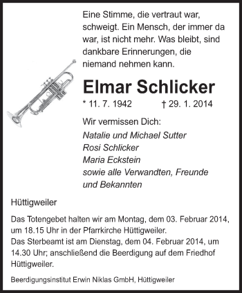 Traueranzeige von Elmar Schlicker von saarbruecker_zeitung