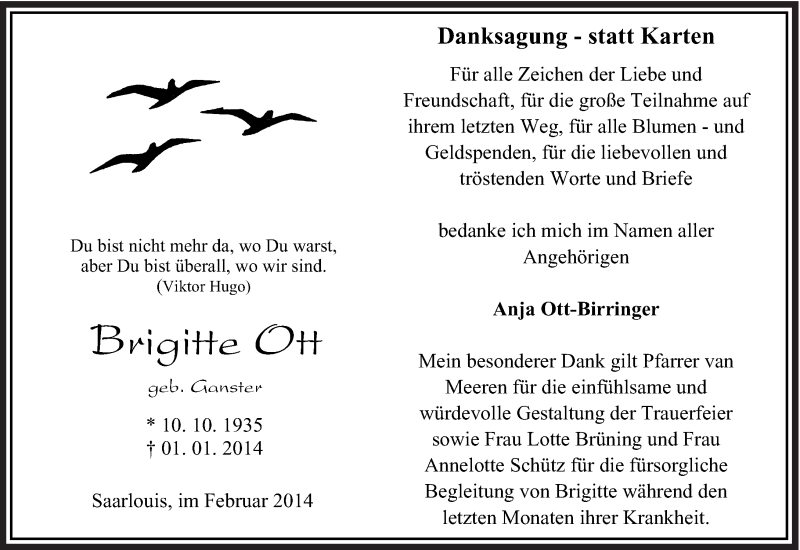  Traueranzeige für Brigitte Ott vom 01.02.2014 aus saarbruecker_zeitung