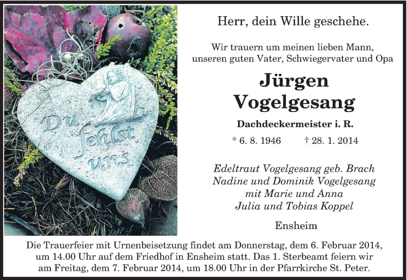 Traueranzeige für Jürgen Vogelgesang vom 01.02.2014 aus saarbruecker_zeitung