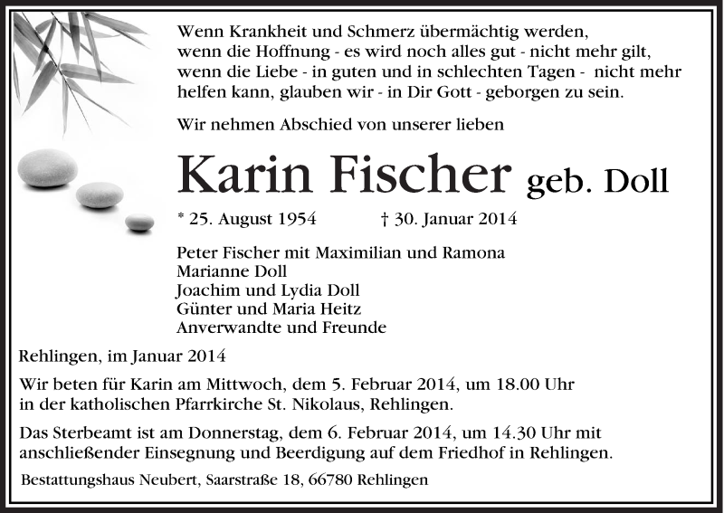  Traueranzeige für Karin Fischer vom 03.02.2014 aus saarbruecker_zeitung