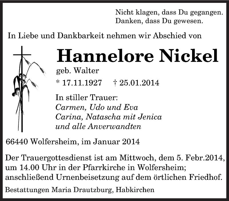  Traueranzeige für Hannelore Nickel vom 03.02.2014 aus saarbruecker_zeitung