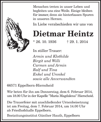 Traueranzeige von Dietmar Heintz von saarbruecker_zeitung