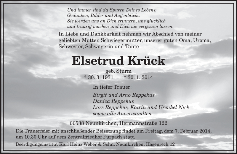  Traueranzeige für Elsetrud Krück vom 04.02.2014 aus saarbruecker_zeitung