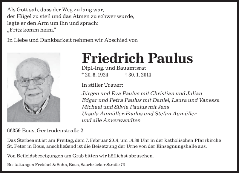  Traueranzeige für Friedrich Paulus vom 04.02.2014 aus saarbruecker_zeitung