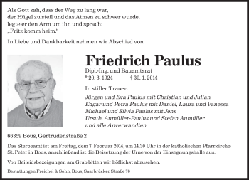 Traueranzeige von Friedrich Paulus von saarbruecker_zeitung