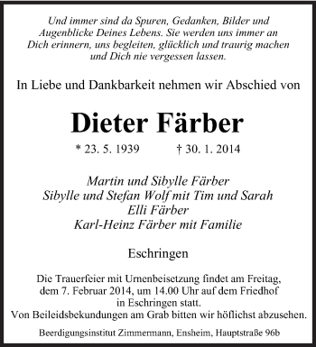 Traueranzeige von Dieter Färber von saarbruecker_zeitung