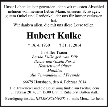 Traueranzeige von Hubert Kulke von saarbruecker_zeitung
