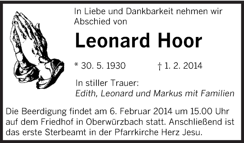  Traueranzeige für Leonard Hoor vom 04.02.2014 aus saarbruecker_zeitung