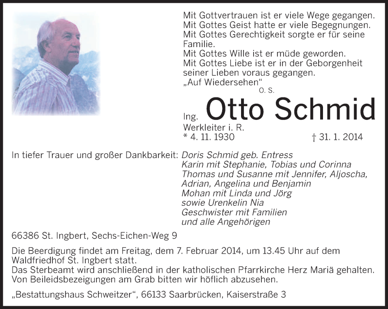  Traueranzeige für Otto Schmid vom 04.02.2014 aus saarbruecker_zeitung