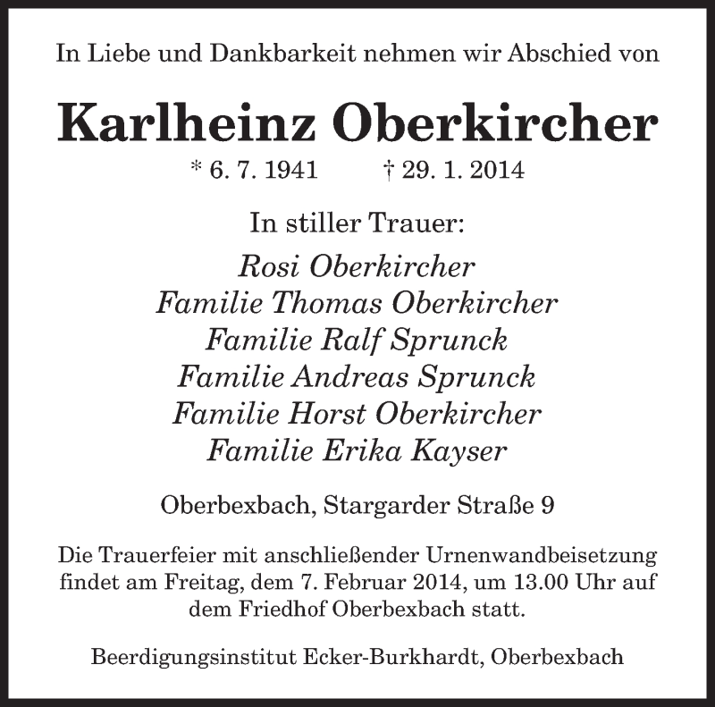  Traueranzeige für Karlheinz Oberkircher vom 04.02.2014 aus saarbruecker_zeitung