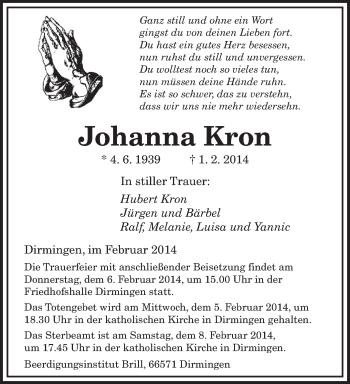 Traueranzeige von Johanna Kron von saarbruecker_zeitung