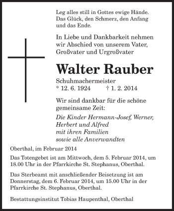 Traueranzeige von Walter Rauber von saarbruecker_zeitung