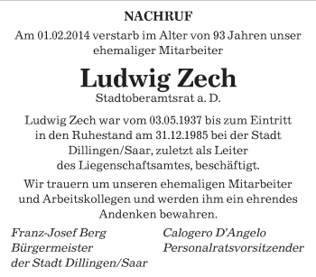 Traueranzeige von Ludwig Zech von saarbruecker_zeitung