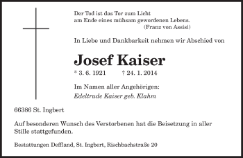 Traueranzeige von Josef Kaiser von saarbruecker_zeitung