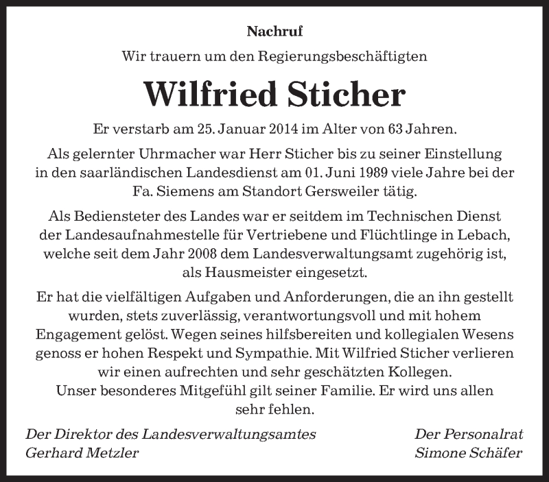  Traueranzeige für Wilfried Sticher vom 05.02.2014 aus saarbruecker_zeitung
