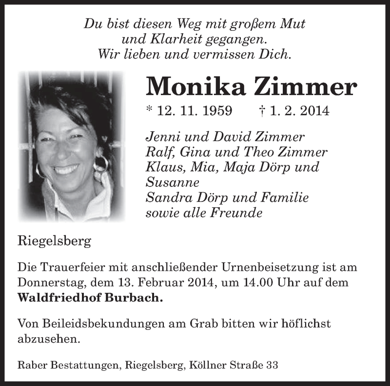  Traueranzeige für Monika Zimmer vom 08.02.2014 aus saarbruecker_zeitung