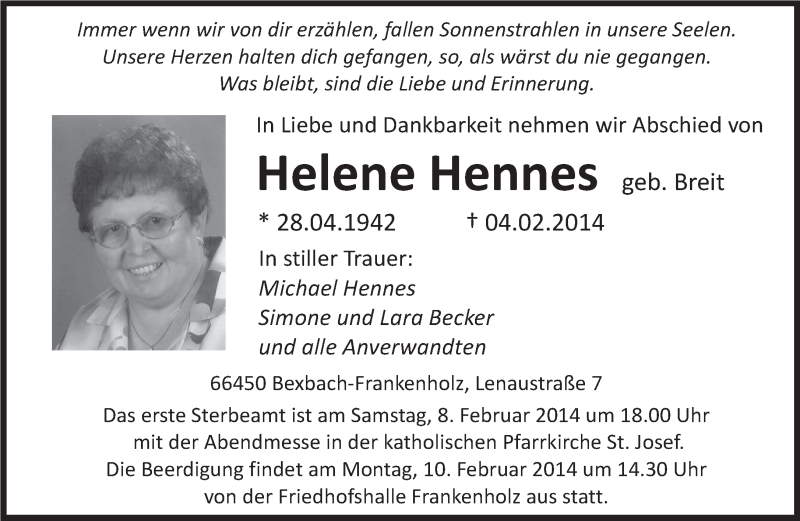  Traueranzeige für Hennes Michael vom 06.02.2014 aus saarbruecker_zeitung