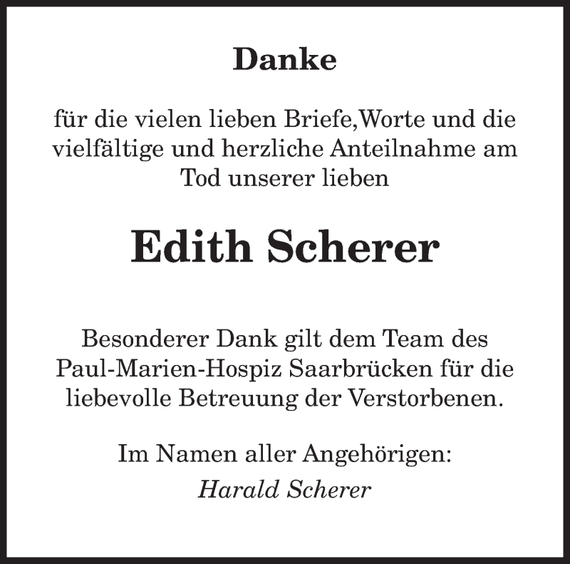  Traueranzeige für Edith Scherer vom 08.02.2014 aus saarbruecker_zeitung