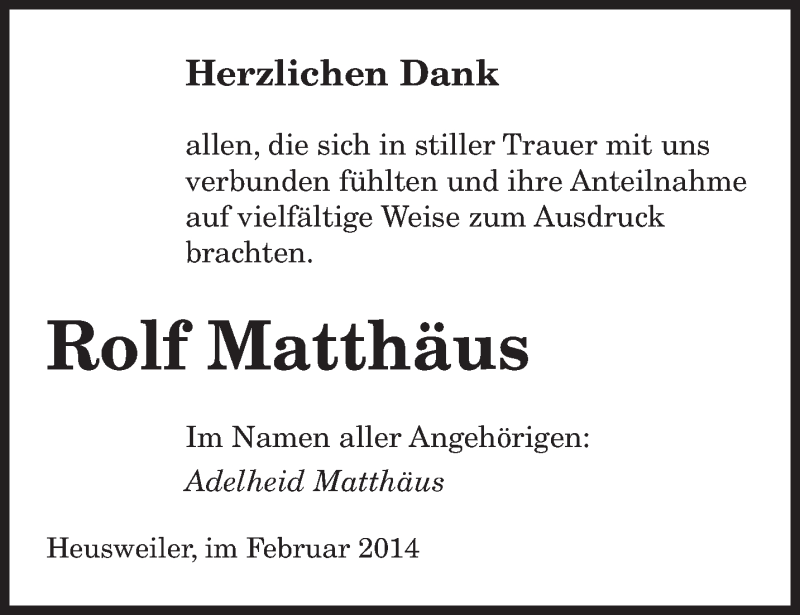  Traueranzeige für Rolf Matthäus vom 08.02.2014 aus saarbruecker_zeitung