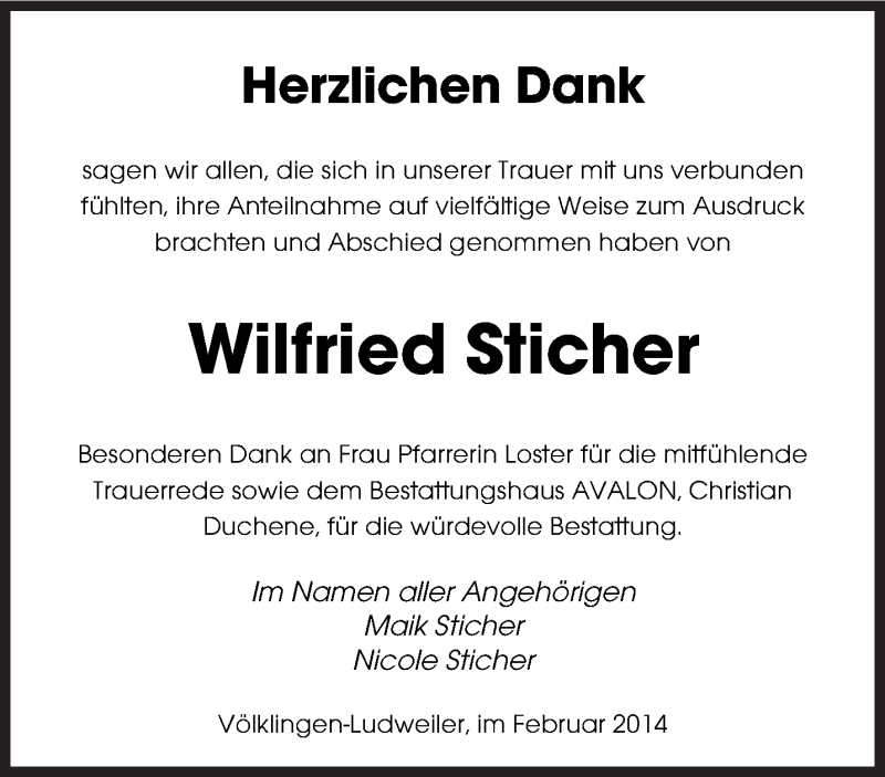  Traueranzeige für Wilfried Sticher vom 08.02.2014 aus saarbruecker_zeitung