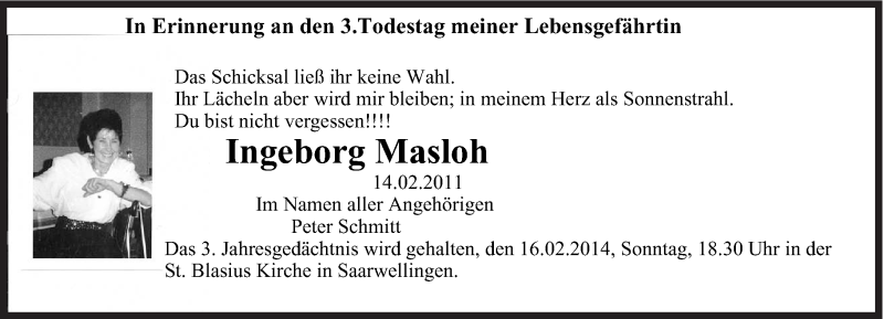  Traueranzeige für Ingeborg Masloh vom 14.02.2014 aus saarbruecker_zeitung