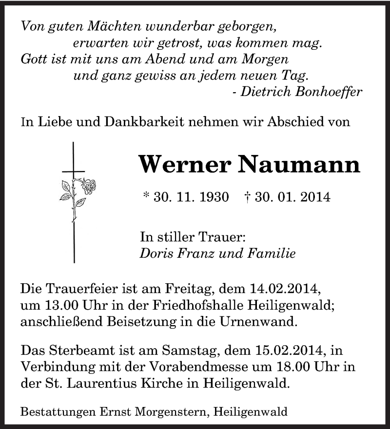  Traueranzeige für Werner Naumann vom 08.02.2014 aus saarbruecker_zeitung