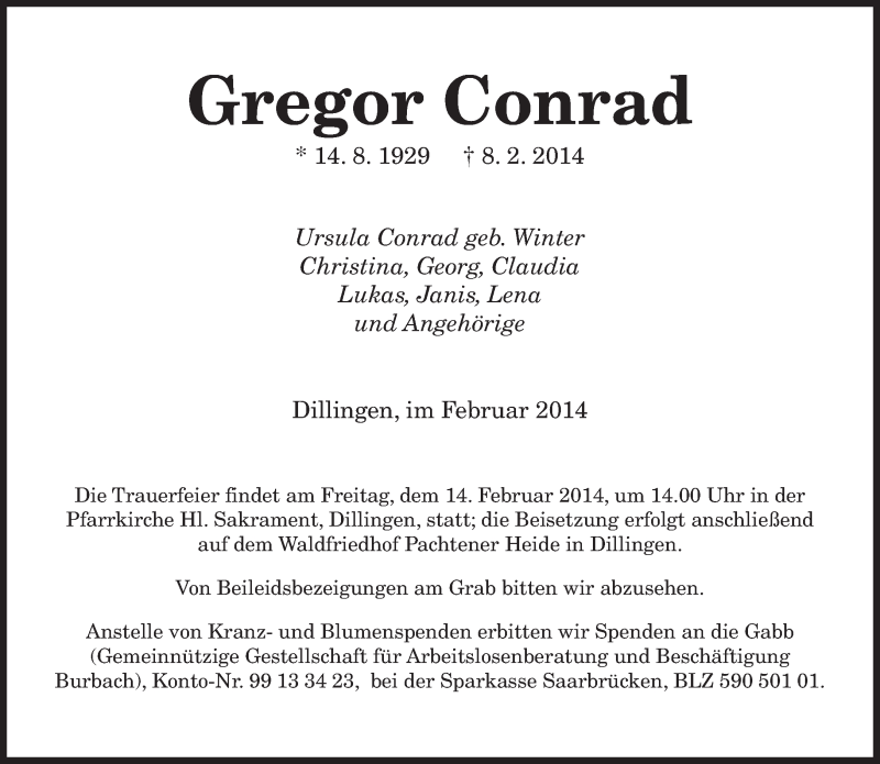  Traueranzeige für Gregor Conrad vom 11.02.2014 aus saarbruecker_zeitung