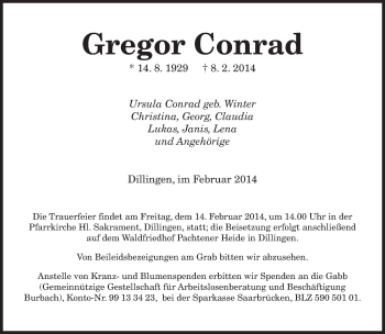 Traueranzeige von Gregor Conrad von saarbruecker_zeitung