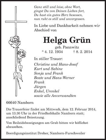 Traueranzeige von Helga Grün von saarbruecker_zeitung
