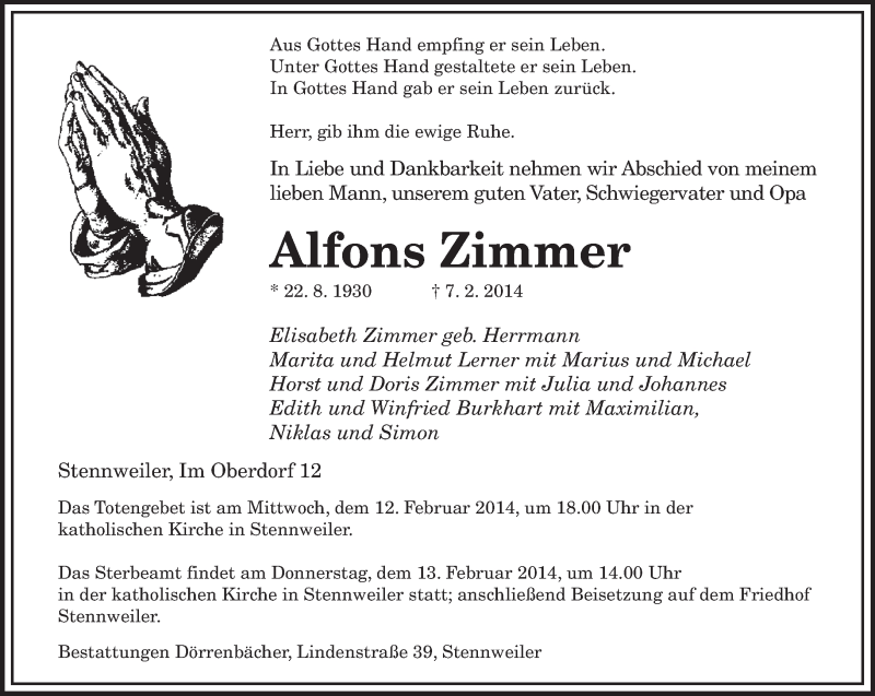  Traueranzeige für Alfons Zimmer vom 11.02.2014 aus saarbruecker_zeitung