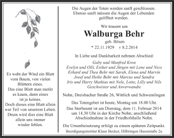 Traueranzeige von Walburga Behr von saarbruecker_zeitung