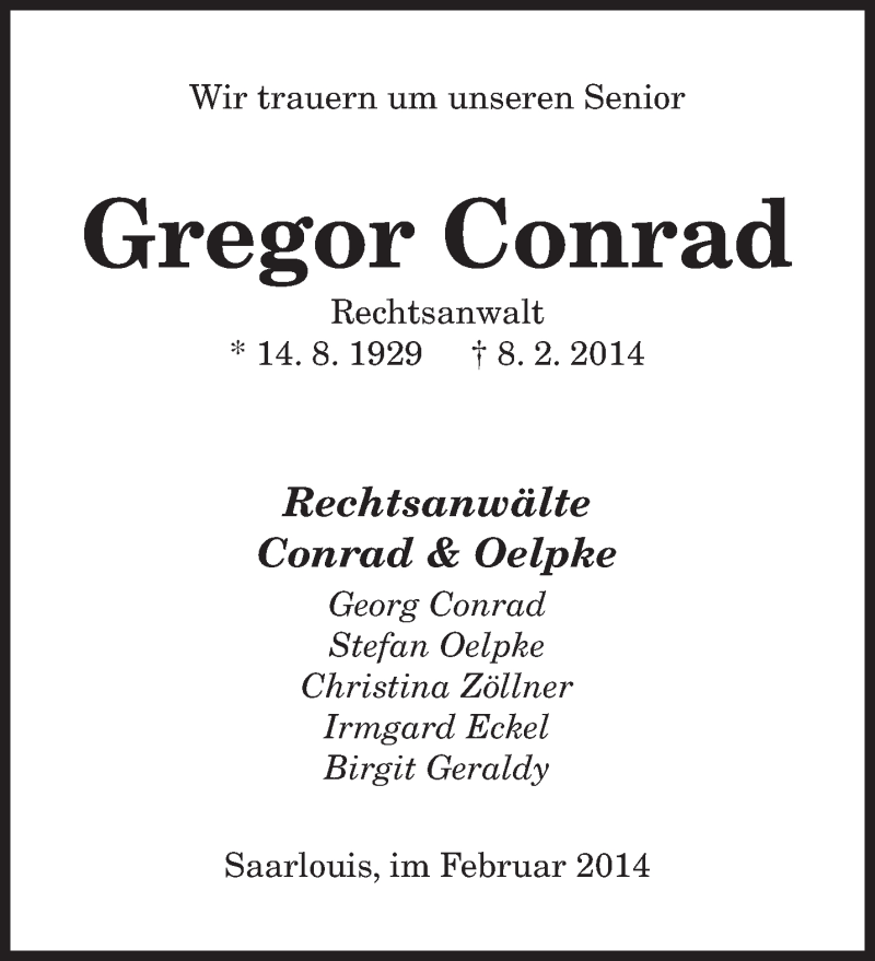  Traueranzeige für Gregor Conrad vom 11.02.2014 aus saarbruecker_zeitung