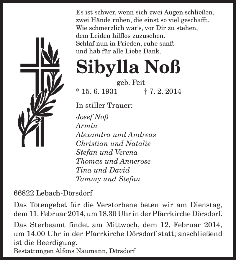  Traueranzeige für Sibylla Noß vom 10.02.2014 aus saarbruecker_zeitung