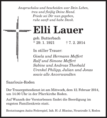 Traueranzeige von Elli Lauer von saarbruecker_zeitung