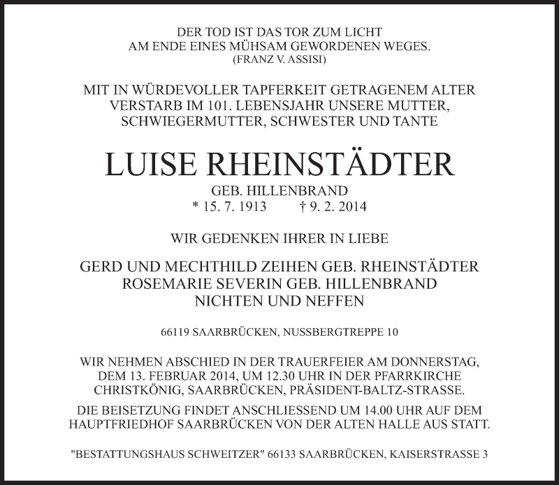  Traueranzeige für Luise Rheinstädter vom 11.02.2014 aus saarbruecker_zeitung