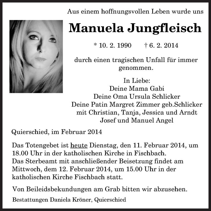  Traueranzeige für Manuela Jungfleisch vom 11.02.2014 aus saarbruecker_zeitung