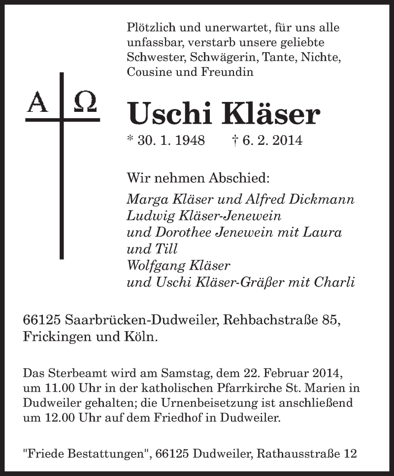  Traueranzeige für Uschi Kläser vom 15.02.2014 aus saarbruecker_zeitung