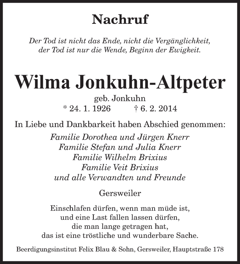  Traueranzeige für Wilma Jonkuhn-Altp vom 15.02.2014 aus saarbruecker_zeitung