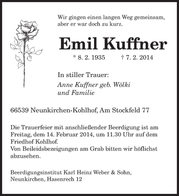Traueranzeige von Emil Kuffner von saarbruecker_zeitung