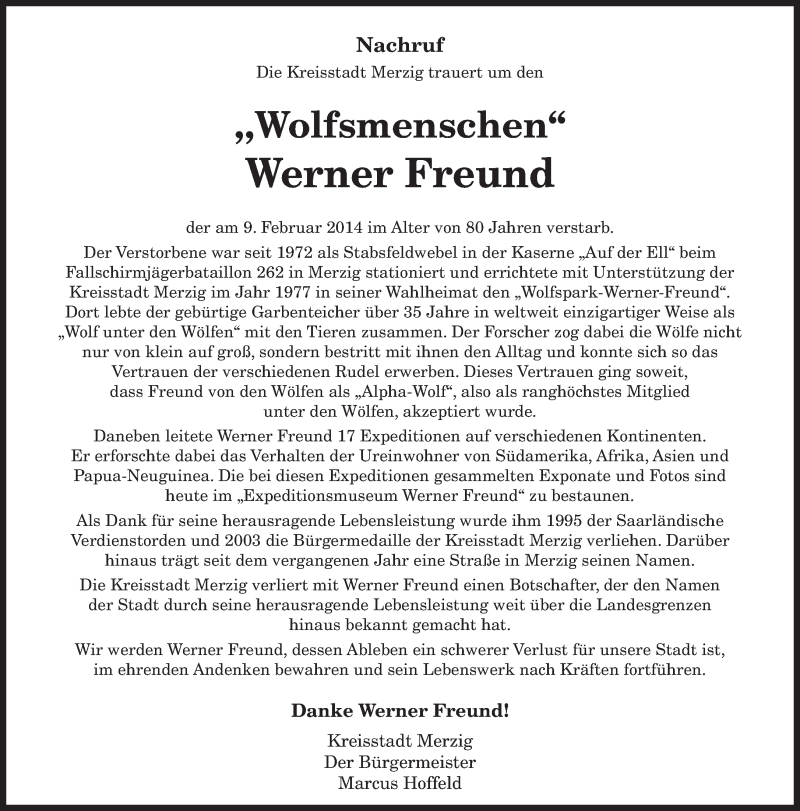  Traueranzeige für Werner Freund vom 12.02.2014 aus saarbruecker_zeitung