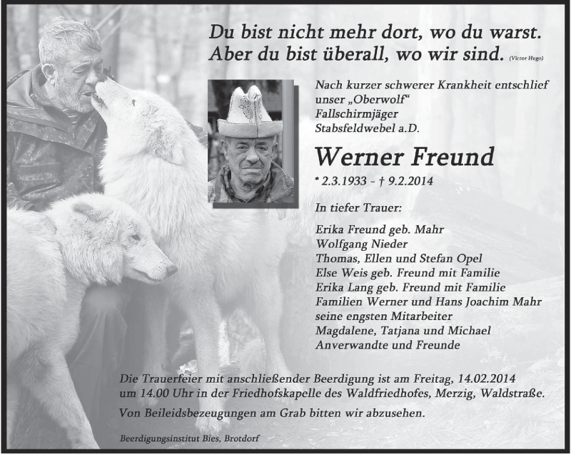  Traueranzeige für Werner Freund vom 12.02.2014 aus saarbruecker_zeitung