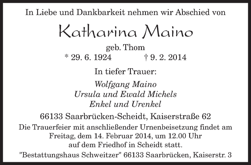  Traueranzeige für Katharina Maino vom 12.02.2014 aus saarbruecker_zeitung