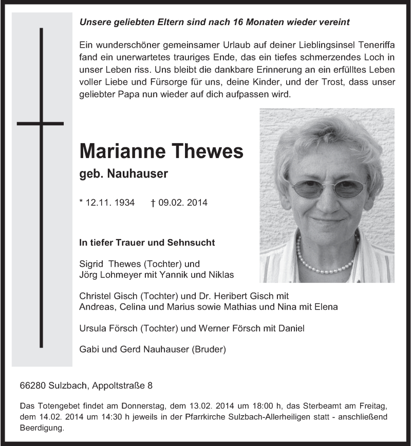  Traueranzeige für Marianne Thewes vom 12.02.2014 aus saarbruecker_zeitung