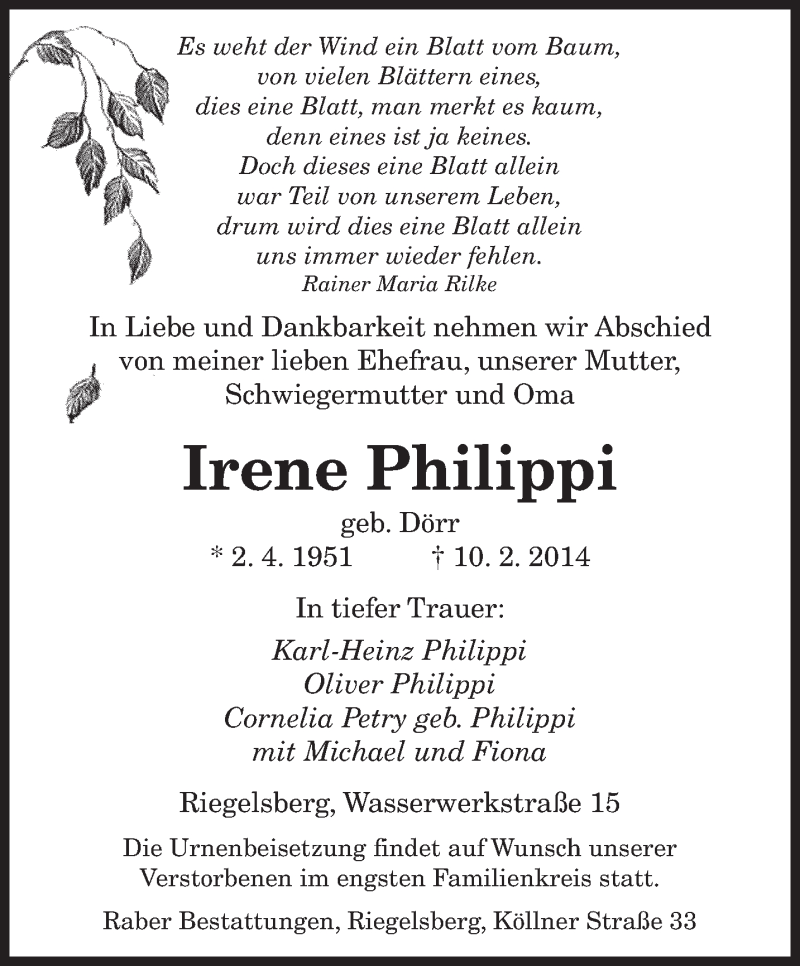  Traueranzeige für Irene Philippi vom 13.02.2014 aus saarbruecker_zeitung